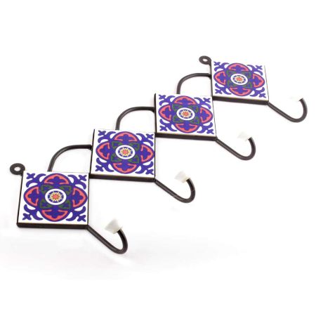 White And Navy Blue Ceramic Floral Tiles Hooks